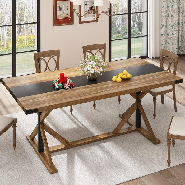 71 Inch Dining Table for 6 People, Rectangular Kitchen Farmhouse Table W/Thickness Waterproof Wood Tabletop,Long Dining Room Tables W/Wood Strip Base for Kitchen Living Room Oak