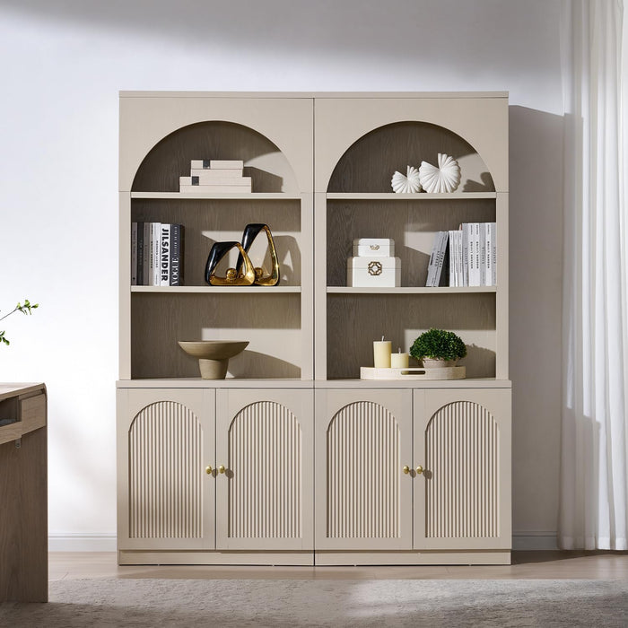 77.6" Tall Arched Bookshelf Set of 2, Wood Bookcase with Cabinet, Cream | Modern Bookcase W/Fluted Arched Door, 5-Tier Large Book Shelf W/Adjustable Shelves, Versatile Storage Cabinet for Living Room