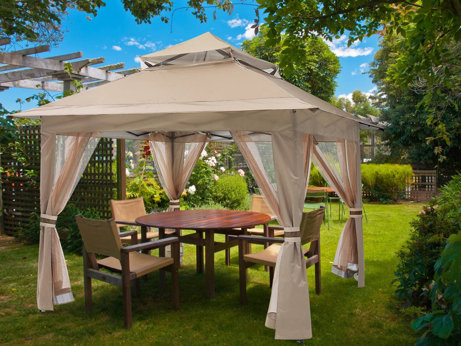 13'X13' Gazebo Tent Outdoor Pop up Gazebo Canopy Shelter with Mosquito Netting, Khaki