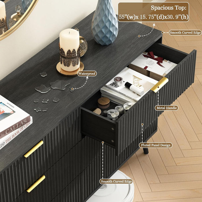 Fluted 6 Double Drawers Dresser for Bedroom, 55”Wide Modern Chest of Drawers with Deep Drawers,Curved Profile Design, Wood Drawer Organizer for Living Room, Hallway, Dark Black