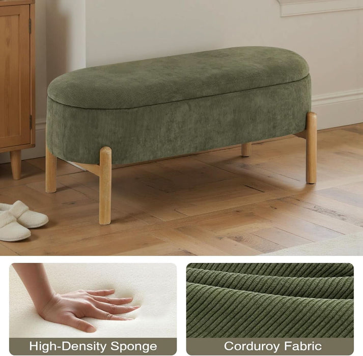 Storage Bench Ottoman, Upholstered Corduroy Storage Bench for Bedroom End of Bed, Modern Aesthetic Furniture, Large Oval Ottoman Bench for Foot of Bed, Living Room, Entryway, under Window (Green)