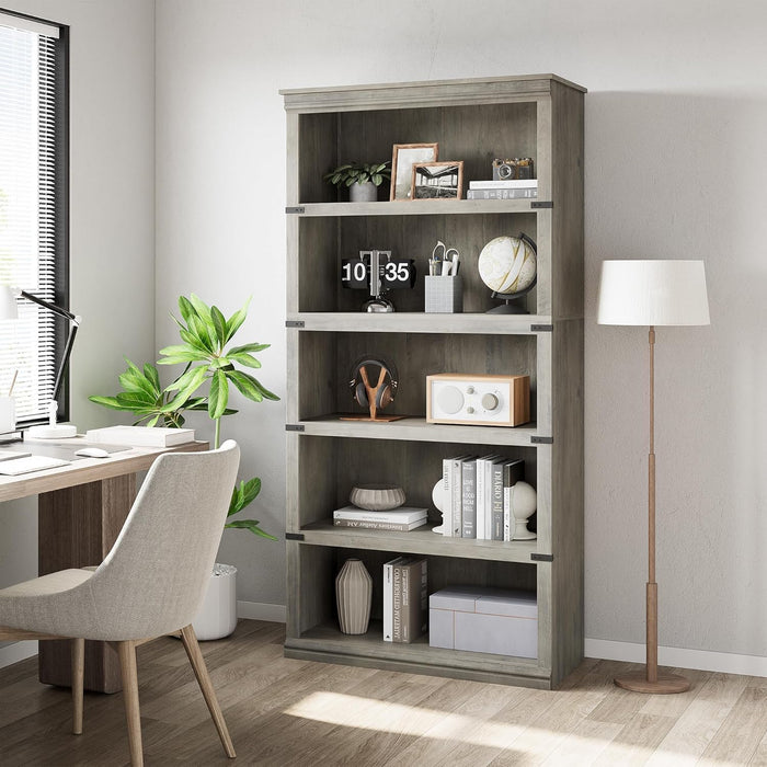 5 Tier Book Shelf, Farmhouse Book Case, 67.4 in Tall Shelf with Storage, Wooden Bookshelves for Living Room, Home Office-Grey