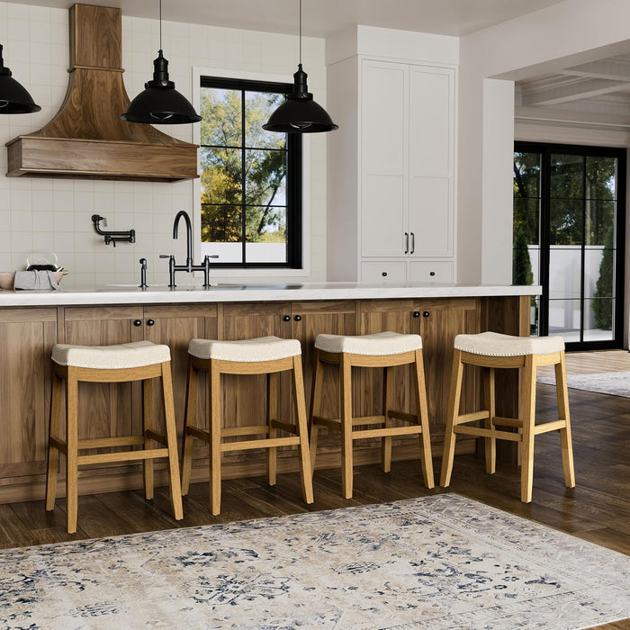 31" Sophia Backless Bar Stool - Handcrafted Plush Upholstered Saddle Seat with Six-Panel Stitching & Nailhead Trim - Space Saving Wood Barstool in Aged Natural Finish W/Light Beige Fabric