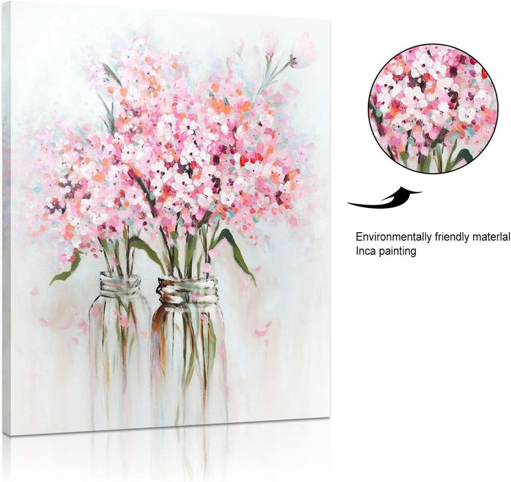 Abstract Bouquet Canvas Wall Art: Pink Flower in Vase Artwork Hand Painted Oil Painting for Teen Girl Bedroom Floral Picture Poster for Living Room Decor 24" X 30"
