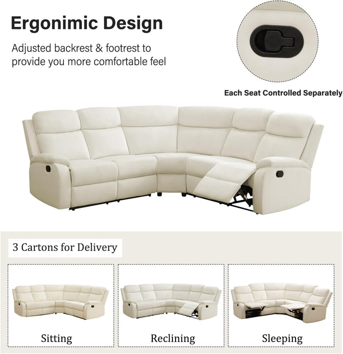 Flannel Recliner Sectional Sofa,Manual Reclining Sectional Couch,Off-White Living Room Furniture Set,5 Seats Recliner Couch for Home Office Apartment Bedroom