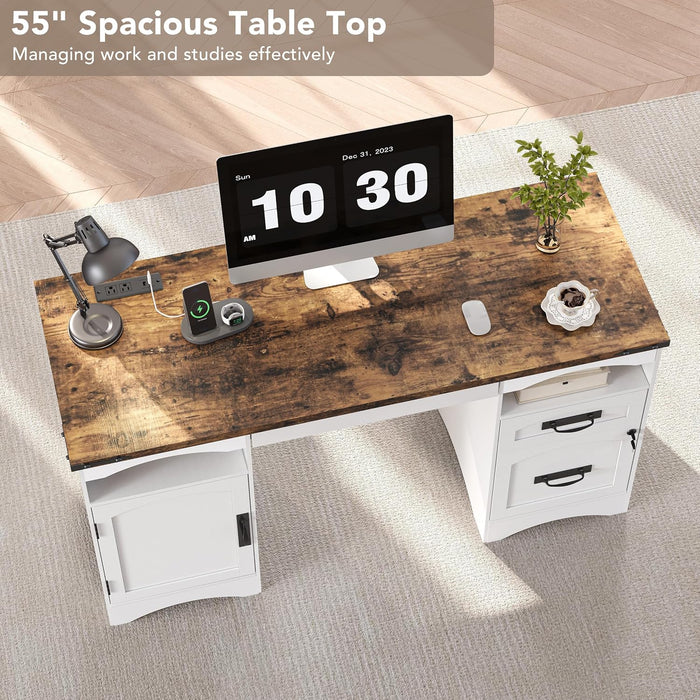 55'' Farmhouse Executive Desk with Drawers & Charging Station, White
