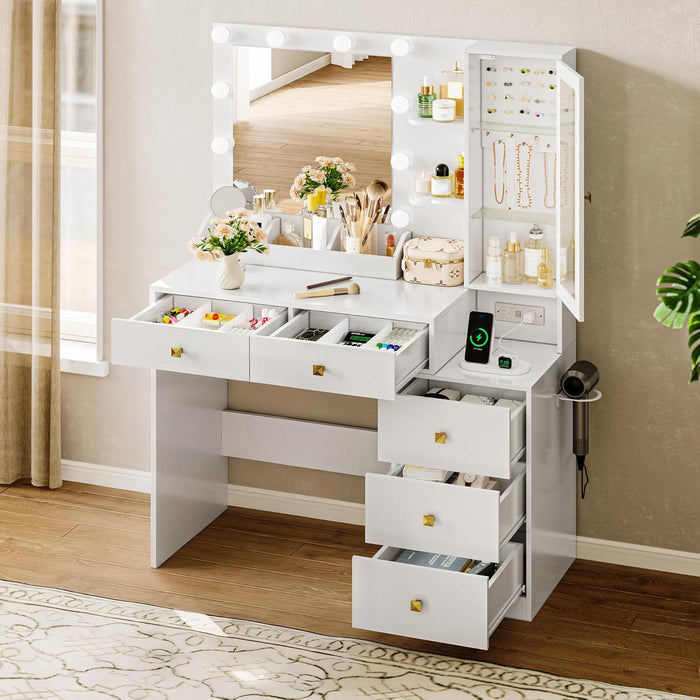 Vanity Desk with Mirror and Lights, White Makeup Vanity Mirror with Lights Desk with 5 Drawers, Jewelry Organizer& LED Glass Cabinet, 3 Light Mode Dressing Table Set for Girls, Women