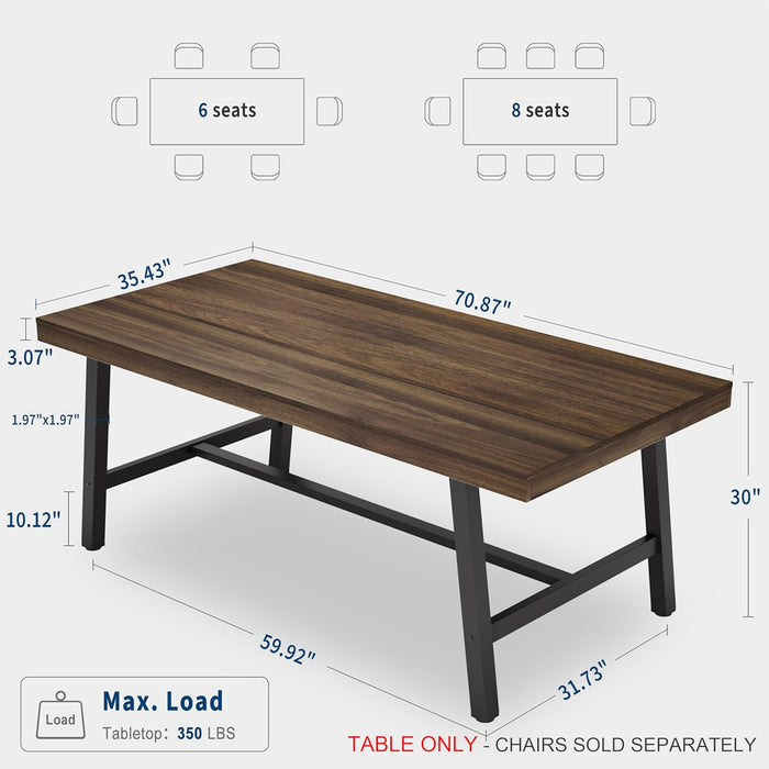 Industrial Dining Table for 6-8, 70.87" Heavy Duty Rectangular Kitchen Table with 2"×2" Metal Legs & Wood Top, Large Dining Table for Home Office, Dining (Brown, 71" Non-Extendable)