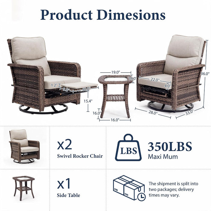 3 Piece Patio Furniture Set, Swivel Rocking Recliner Chairs with Footrests