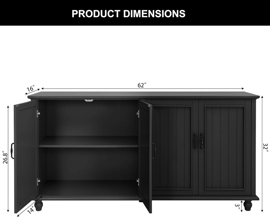 62'' Coffee Bar Cabinet Kitchen with Storage, Buffet Cabinet with Storage, Sideboard Buffet for Dinning Room, Kitchen & Living Room (4 Doors, Black)