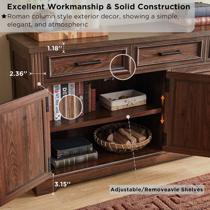 66" Farmhouse Buffet Cabinet with Storage, Sideboard Credenza, Carved Cloud-Inspired Doors, 3 Drawers & Adjustable Shelves, Coffee Bar Cabinet, Dark Brown