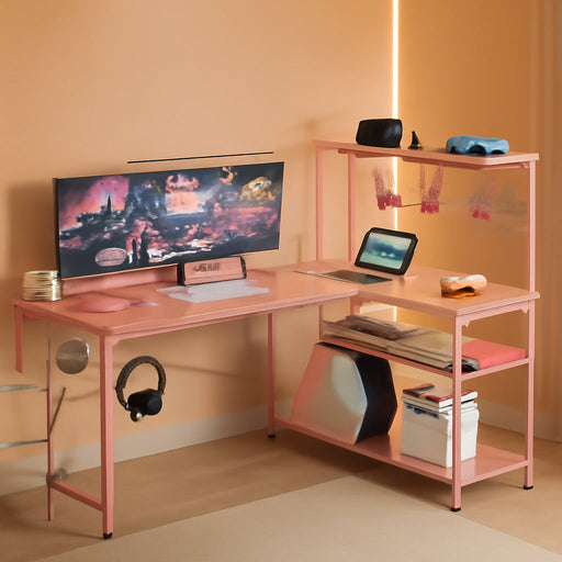 Gaming Desk 51" L-Shaped, with Power Outlets & LED Lights- 4 Tier Shelves, Reversible Gamer Table with Hooks & Cup Holder for Home Office Carbon Fiber Pink