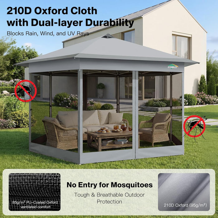 16X16 Pop up Gazebo on Clearance, Hexagonal Outdoor Canopy Tent with Mosquito Netting，Adjustable Height and 256 Square Ft of Shade for Party, Backyard, Gardens with Vented Top（Gray）
