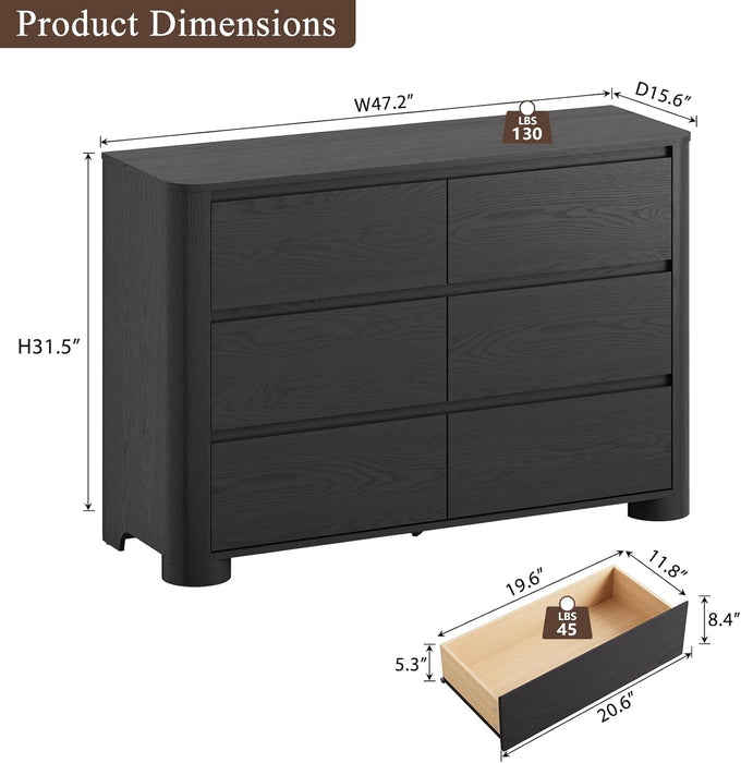 Black Dresser for Bedroom with 6 Drawers, 47" W Modern Chest of Drawers with Unique Thickened Foot, Rounded Corner Design, Wooden Dresser Organizer for Bedroom, Living Room, Hallway