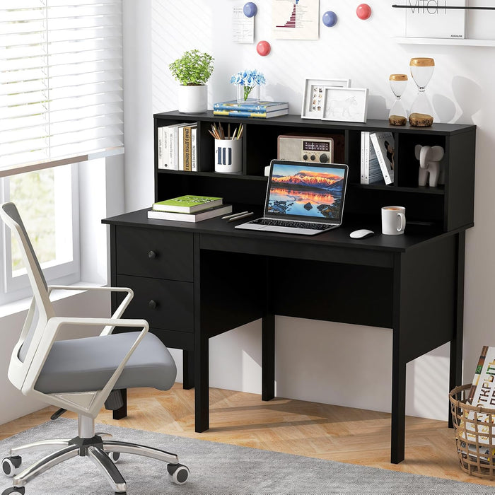 Black Desk with Drawers & Hutch, Home Office Desk with Charging Station, 5 Storage Cubbies, Makeup Vanity Table, Modern Study Writing Desk, PC Laptop Desks, Computer Workstation for Bedroom