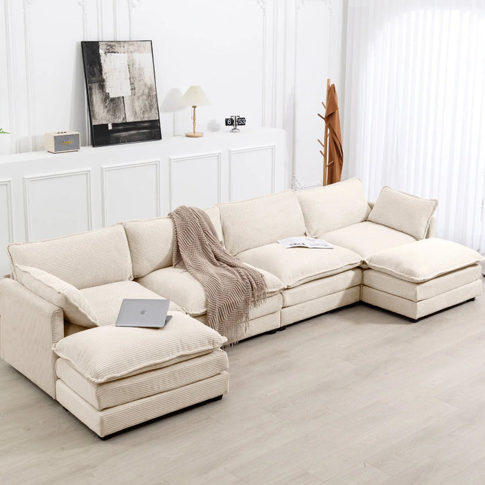 U-Shaped Sectional Sofa Set, Indoor Furniture Convertible Modular Corduroy Sectional Sofa Set with 2 Ottomans for Living Room,Beige