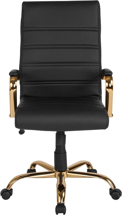 Whitney High-Back Swivel Leathersoft Desk Chair with Padded Seat and Armrests, Adjustable Height Padded Office Chair, Black/Gold