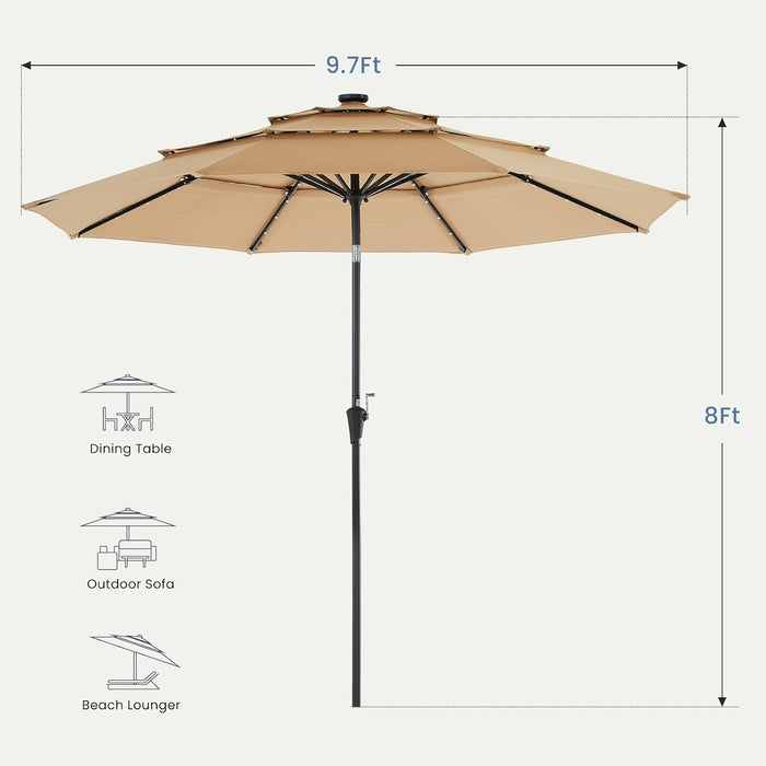 Outdoor Solar Patio Umbrella 3 Tiers with 32 LED Lights, Beach Market Table Umbrella with Crank and 8 Sturdy Ribs for Pool, Terrace, Restaurant