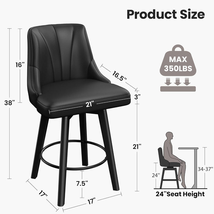 Counter Height Swivel Bar Stool, 24" Upholstered PU Leather Barstools Set of 4, Counter Stool Chair with Back & Solid Wood Legs for Kitchen Island Dining Room (Black)