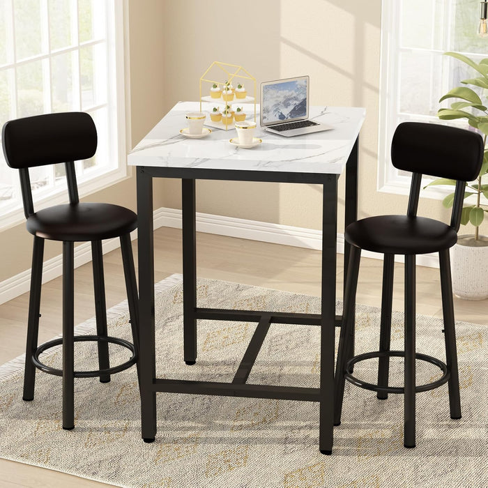 Dining Table Set for 2, 24" Square Kitchen Table and Chairs Set with MDF Tabletop & 2 PU Leather Chairs, Bar Pub Dining Set for Small Space Bar Kitchen Living Room Apartment, White