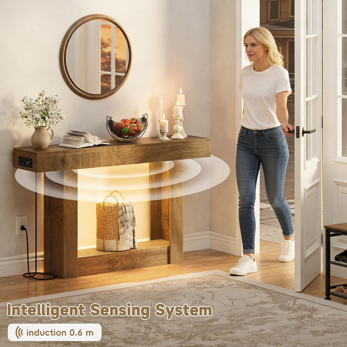 47.2" Farmhouse Wood Entryway Table with Outlet, 2-Tier Console Table with Sensor Light behind the Couch Sofa, Entrance Side Table for Hallway/Living Room/Foyer, Natural Oak