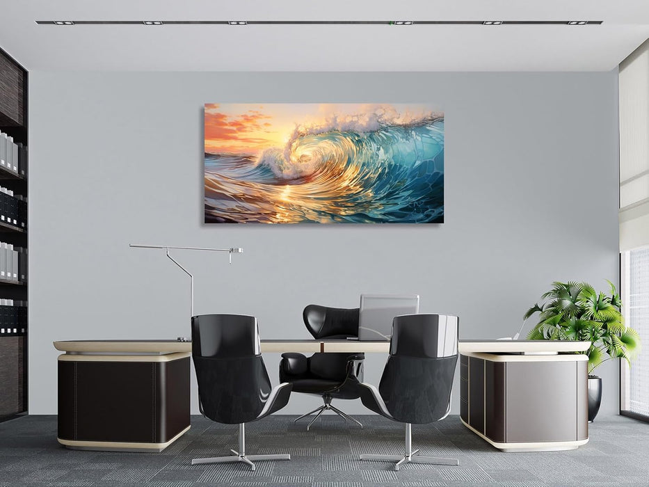 Wall Art Canvas Painting Big Waves in the Sea 1 Piece Ocean Sunset Huge Waves Nature Picture Poster Print Framed Ready to Hang for Living Room Bedroom Artework 71X36Inch