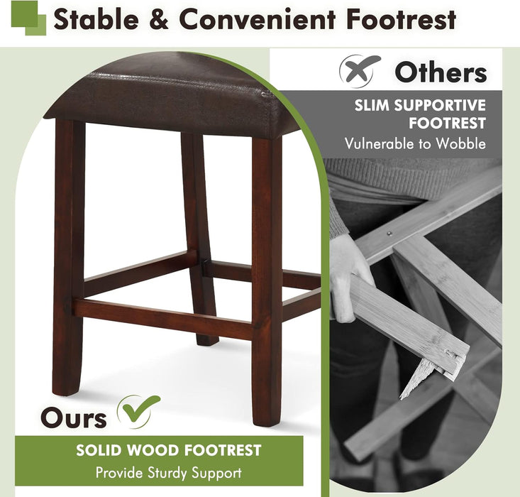 Bar Stools Set of 4, PVC Leather 24.5 Inch Counter Height Chairs with Hollowed Backs, Rubber Wood Legs, Upholstered Barstools for Kitchen Island Home Bar Pub Dining Room, Brown