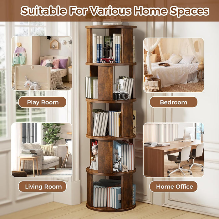5 Tier Rotating Bookshelf Tower, 360° Display round Bookcase, Floor Standing Corner Revolving Bookshelf Organizer Storage Rack for Home Study Office, Walnut