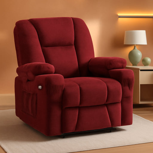 Fabric Electric Power Recliner Chair with Heat and Vibration, Cup Holders, USB Ports, Powered Reclining for Living Room 8015 (Burgundy, Single Recliner)