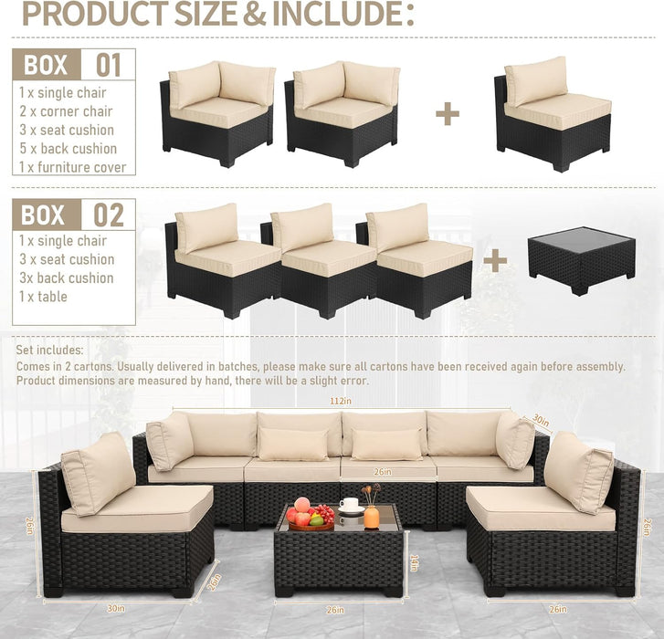 7 Pieces Outdoor PE Wicker Furniture Set Patio Rattan Sectional Conversation Sofa Set with Khaki Cushions and Glass Top Table