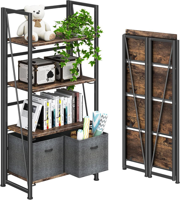 No Assembly Folding Bookshelf Storage Shelves 4 Tier Vintage Bookcase Standing Racks for Bedroom Living Room Home Office
