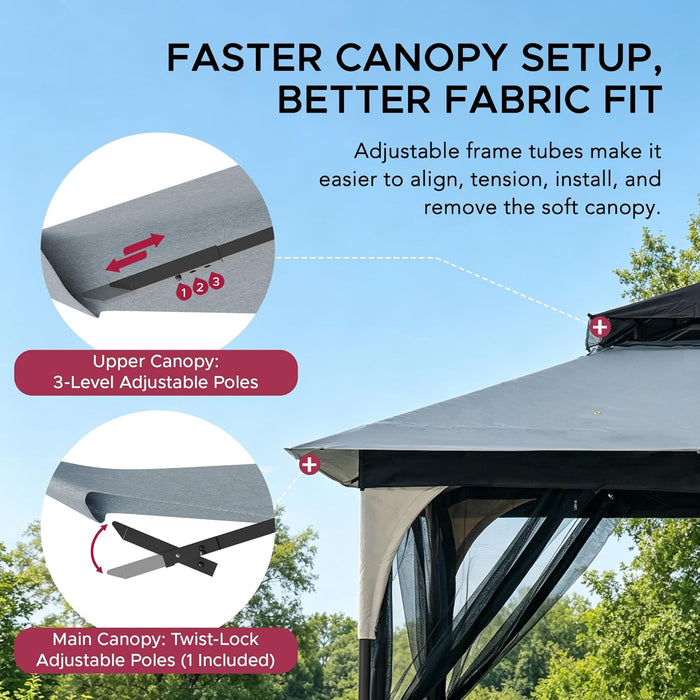 9 Ft. X 9 Ft. Gazebo with 2-Tier Canopy Roof, Steel Frame Soft Top Gazebo with Ceiling Hook and Mosquito Netting, Tan and Black