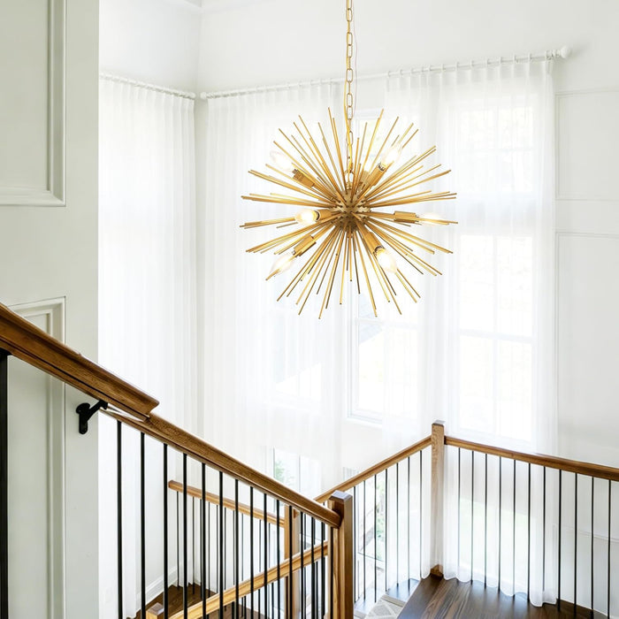 Modern 20In Gold Sputnik Chandelier 9-Lights Mid-Century Starburst Chandelier Solid Metal Firework Satellite Urchin Light Fixture over Table for Foyer Dining Room Kitchen Bedroom Living Room
