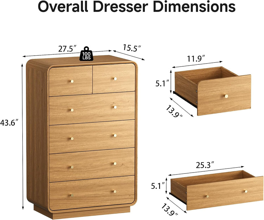 Modern 6 Drawers Dresser for Bedroom, 43.3" Tall Dresser-Brown