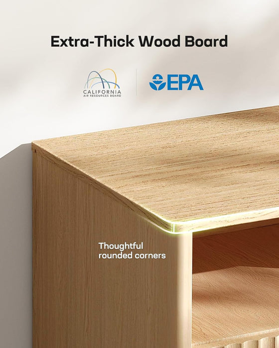 59″ Wide TV Stand for Tvs up to 65″, Modern Entertainment Center with Fluted Panels, 3 Easy-Sliding Drawers, Open Shelves & Cable Hole, 3-Tier TV Stands for Living Room & Bedroom, Natural Oak