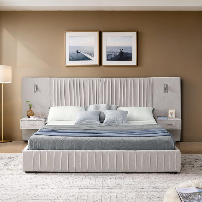 Queen Size Bed Frame with Built-In LED Lights and Nightstands, Chenille Upholstered Queen Platform Bed with Oversize Headboard,Pleated Design Grounded Bed,No Box Spring Needed,Beige