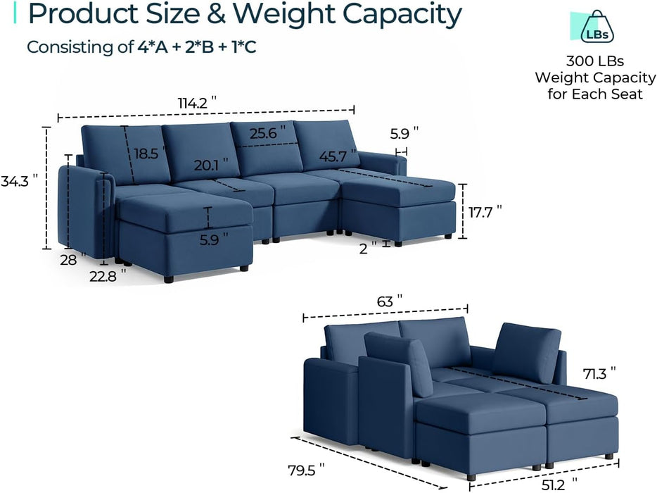 Modular Sectional Sofa, Convertible U Shaped Sofa Couch with Storage, Memory Foam, Modular Sectionals with Ottomans, 6 Seat Sofa Couch with Chaise for Living Room, Blue