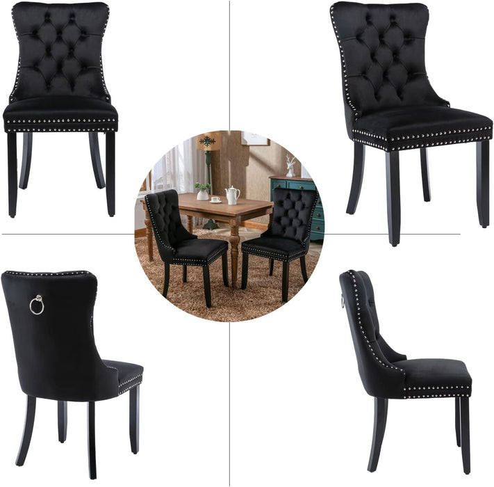 Black Velvet Dining Chairs Set of 4, Upholstered Dining Room Chairs with Back Ring Pull Trim and Solid Wood Legs,Modern Dining Chairs Perfect for Dining Room,Living Room,Kitchen(Black)