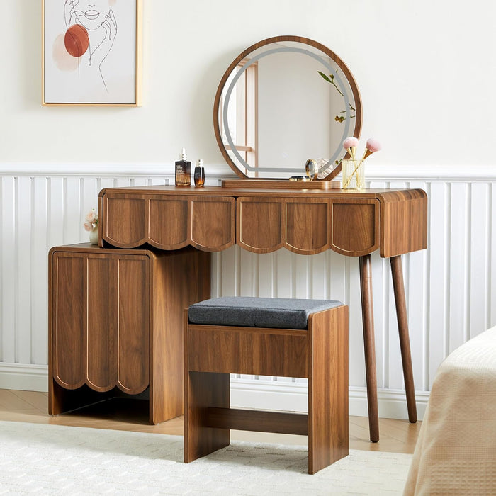 Vanity Desk with Mirror and Lights, Modern Wood Wave Panel Vanity Desk Set Makeup Table with Drawers and Cabinet, Dressing Table with Storage for Bedroom, Walnut