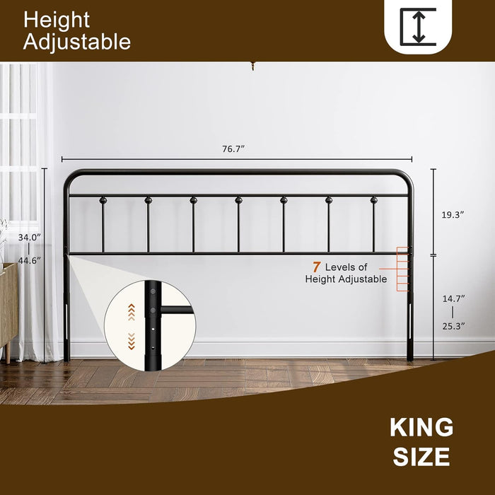 Metal King Size Headboard, Adjustable Height, Farmhouse Victorian Style, Easy Assembly, Steel Headboard Only for Bedroom, Black