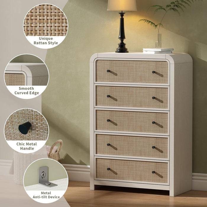 5 Drawer Tall Dresser for Bedroom, 47'' Rattan Dresser with Ample Storage, Boho Chest of Drawers, Thickened Curved Profile Design, Oak Dressers for Bedroom, Living Room