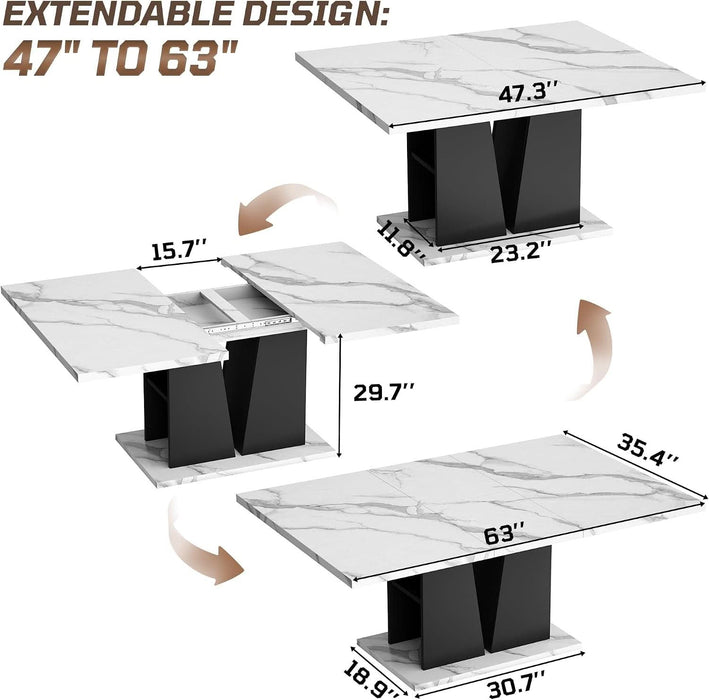 47"-63" Extendable Dining Table for 4-6, Faux Marble Table with Storage