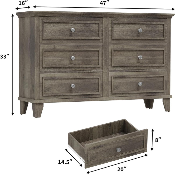 Dresser for Bedroom, 6 Drawer Wide Dresser Storage Organizer, Modern Wooden Chest of Drawers with Metal Handles for Hallway, Entryway, Home Office, Grey