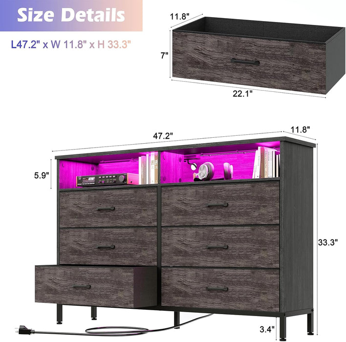 Dresser for Bedroom, 6 Drawer Dresser, Fabric Vertical Storage Tower with Fabric Bins with Open Shelves LED Light and Charging Station, Chest of Drawers for Closet Chests Organizer, Living Room, Grey