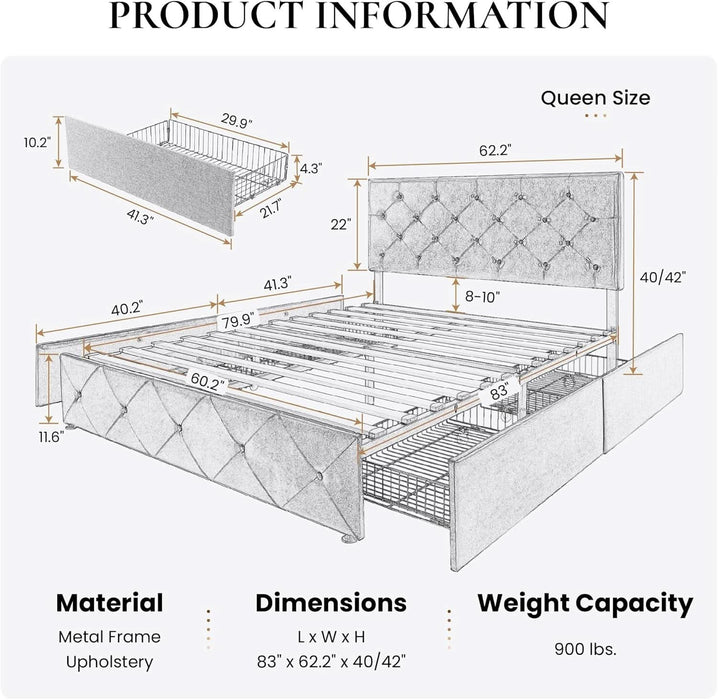 Upholstered Queen Size Platform Bed Frame with 4 Storage Drawers, Adjustable Headboard with Diamond Stitched Button Tufted Design, Wooden Slat Support, No Box Spring Needed, Dark Grey
