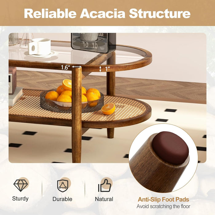 Rattan Coffee Table, 2-Tier Oval Acacia Wood Tea Table W/Tempered Glass Tabletop & PE Rattan Storage Shelf, Boho Cocktail Tables, Mid Century Modern Center Table for Living Room Office, Brown