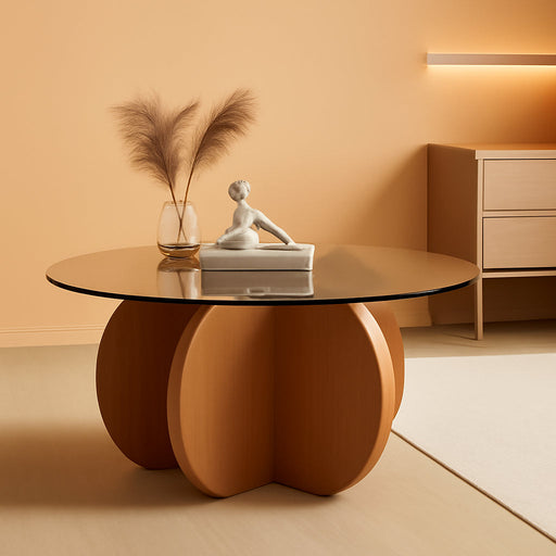 Contemporary Circular Glass Coffee Table Wooden Legs