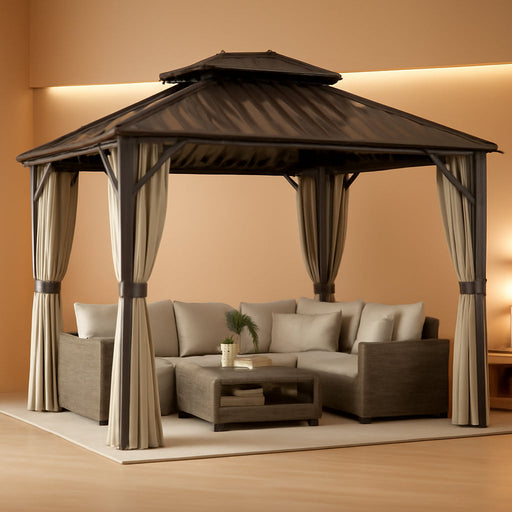 10' X 14' Hardtop Gazebo with UPF50+ Double Galvanized Steel Roof Canopy, Aluminum Frame Permanent Outdoor Gazebo with Curtains and Netting, Ceiling Hooks, Brown
