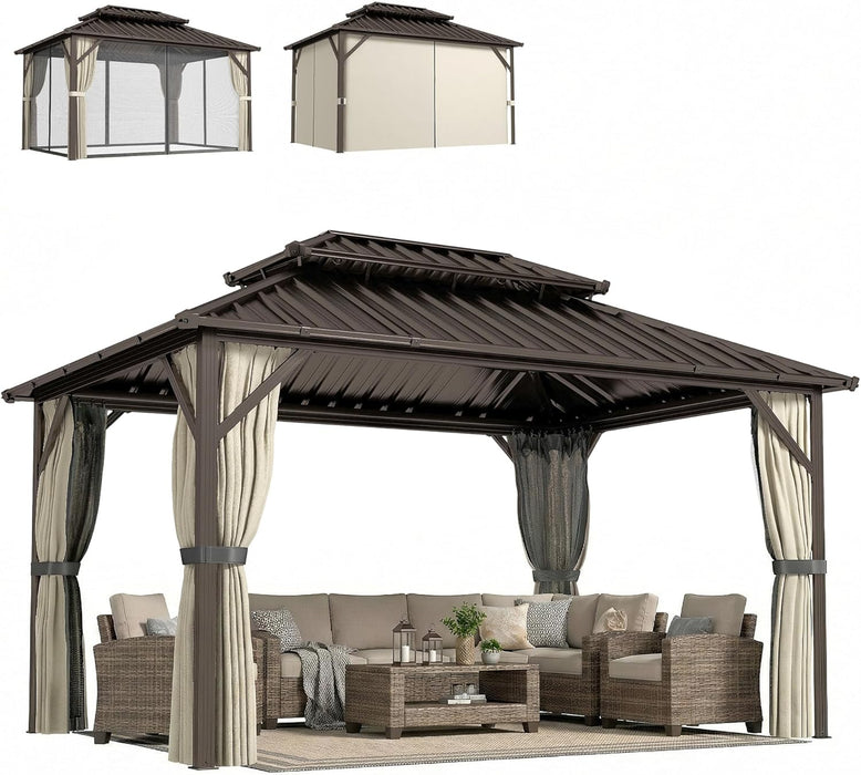 10' X 14' Hardtop Gazebo with UPF50+ Double Galvanized Steel Roof Canopy, Aluminum Frame Permanent Outdoor Gazebo with Curtains and Netting, Ceiling Hooks, Brown