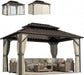 10' X 14' Hardtop Gazebo with UPF50+ Double Galvanized Steel Roof Canopy, Aluminum Frame Permanent Outdoor Gazebo with Curtains and Netting, Ceiling Hooks, Brown